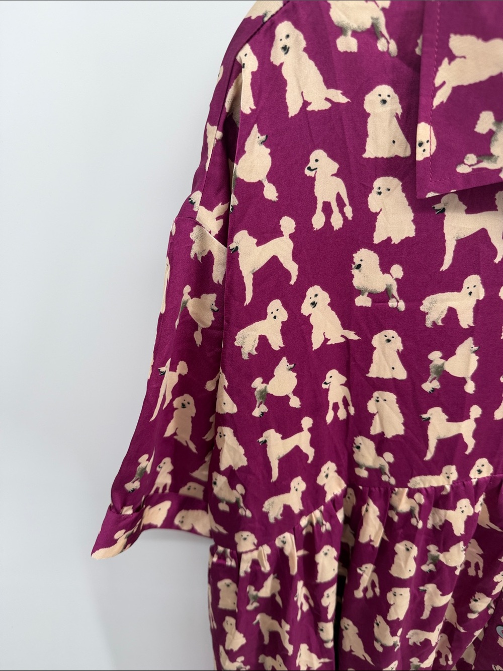 Entro satin short sleeve button up poodle dog novelty print shirt dress sz L - Picture 3 of 9